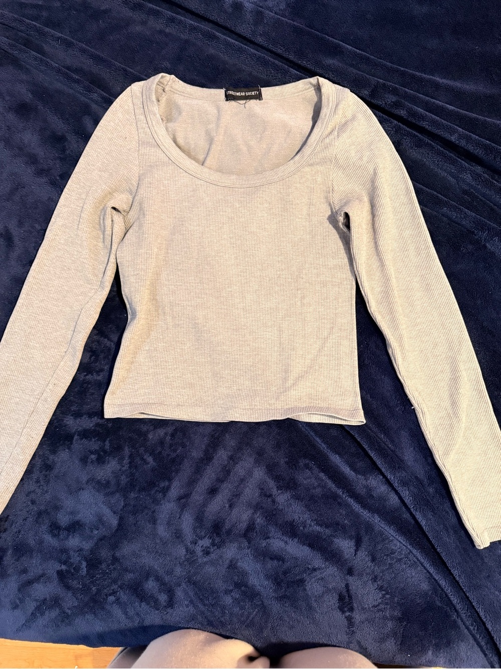 Streetwear Society Light Gray Ribbed Scoop Neck Long Sleeve Top